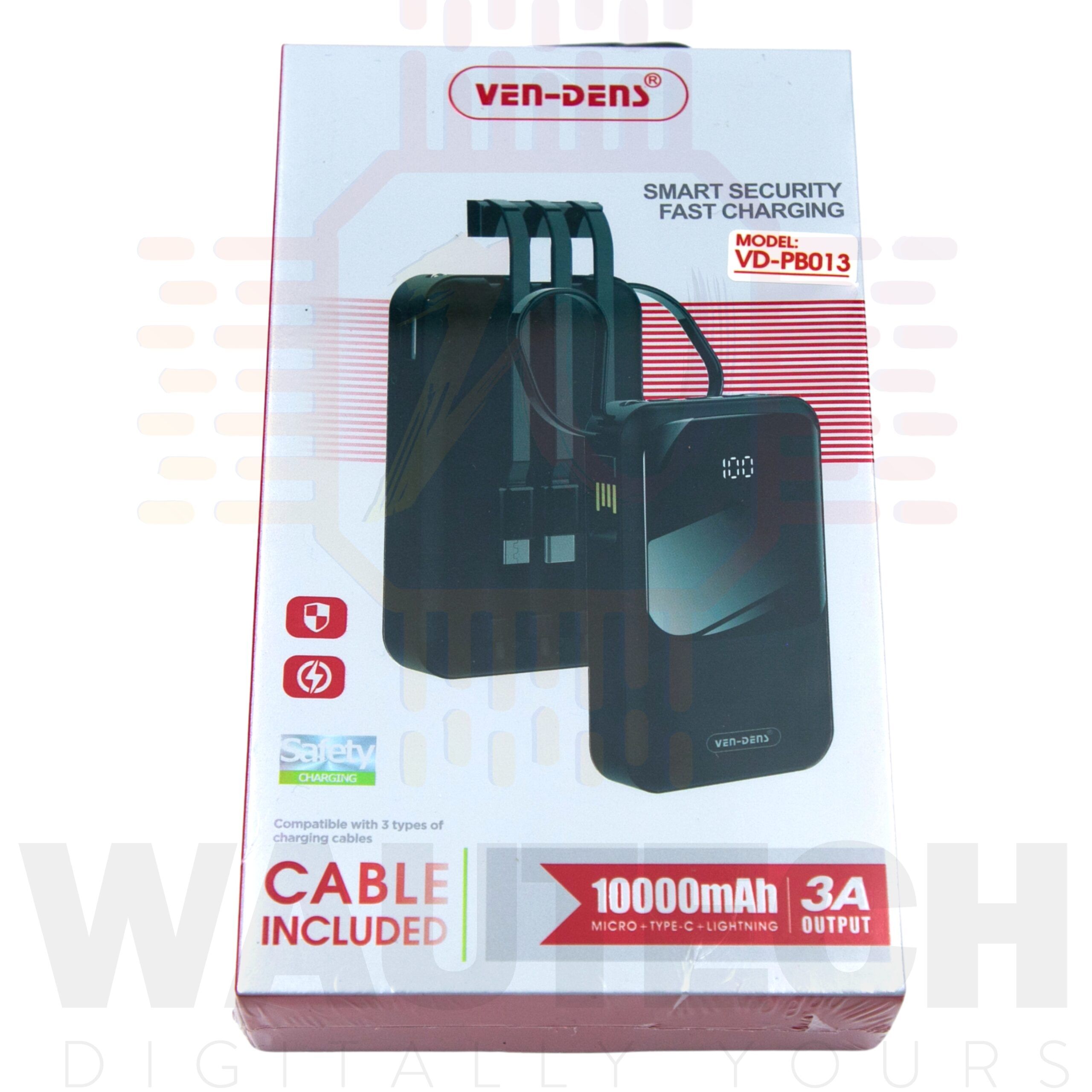 Ven-Dens 3 in 1 Smart Security Fast Charging Power Bank 3A – 10000mAh (VD-PB013) - Black1 Wautech Ven-Dens 3 in 1 Smart Security Fast Charging Power Bank 3A – 10000mAh (VD-PB013) - Black1 Wautech