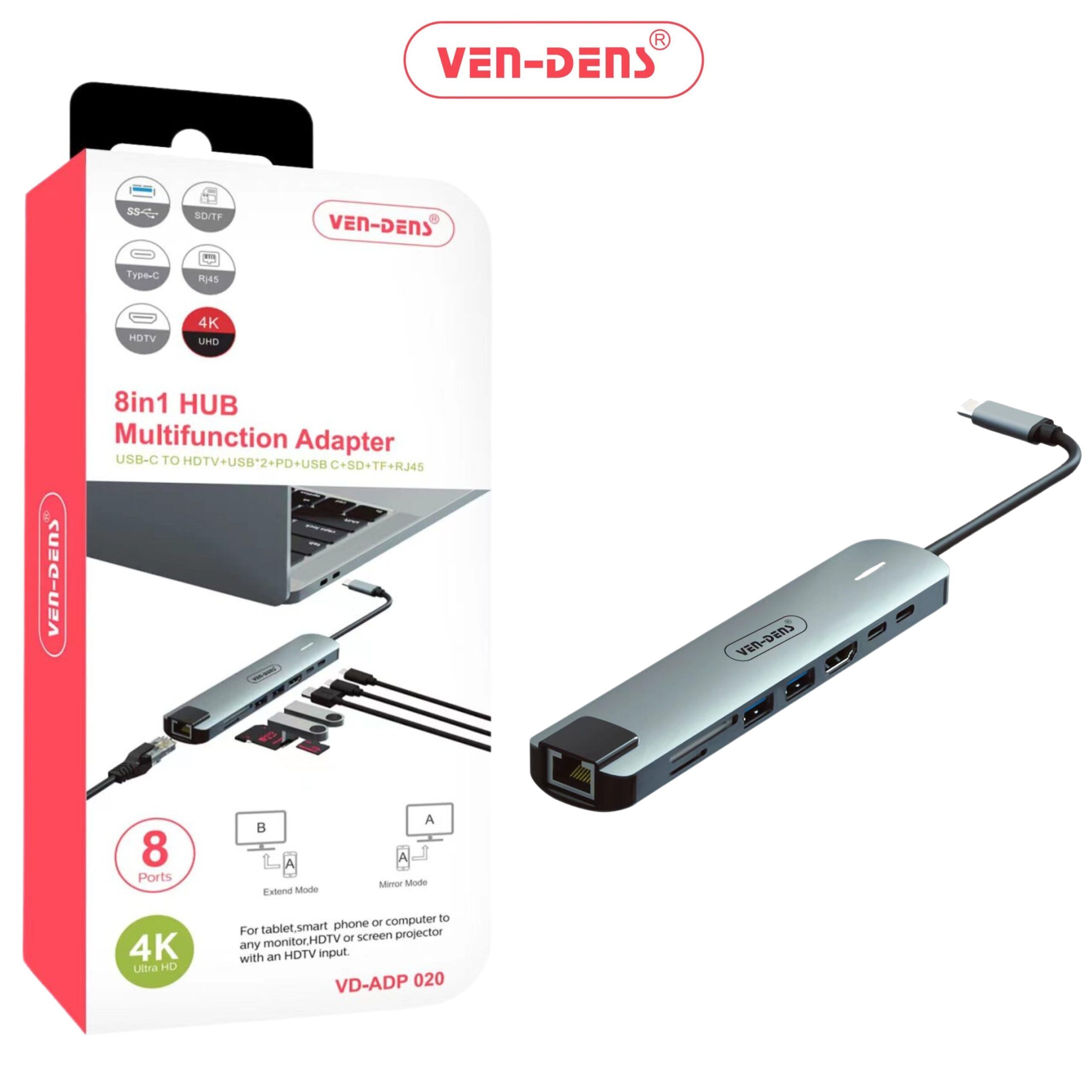 Ven-Dens 8 in 1 HUB Multifunction Adapter - USB C, HDTV, USB 3.0, USB 2.0 & Ethernet (VD-ADP020) Ven-Dens 8in1 Multifunction Adapter4 (VD-ADP-020)