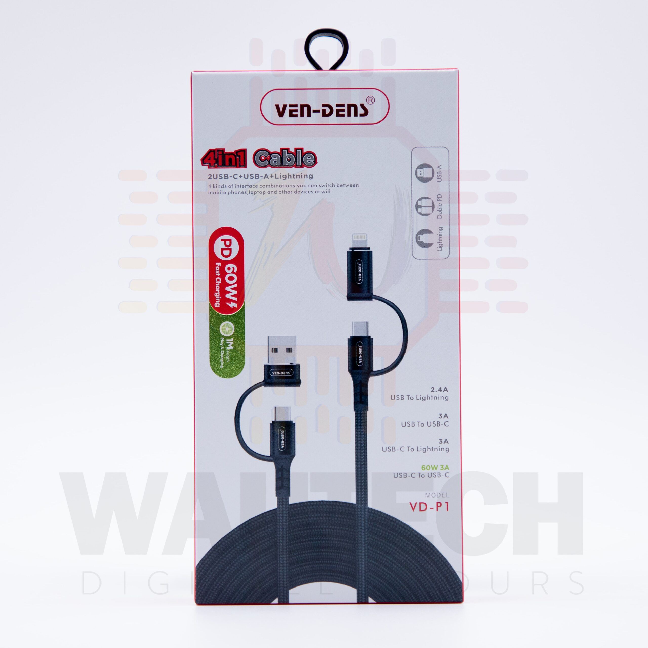 VEN-DENS 4in1 PD60W Fast Charge Quad Cable, 2 USB-C + USB-A + Lightning1 - Wautech Peterborough VEN-DENS 4in1 PD60W Fast Charge Quad Cable, 2 USB-C + USB-A + Lightning1 - Wautech Peterborough