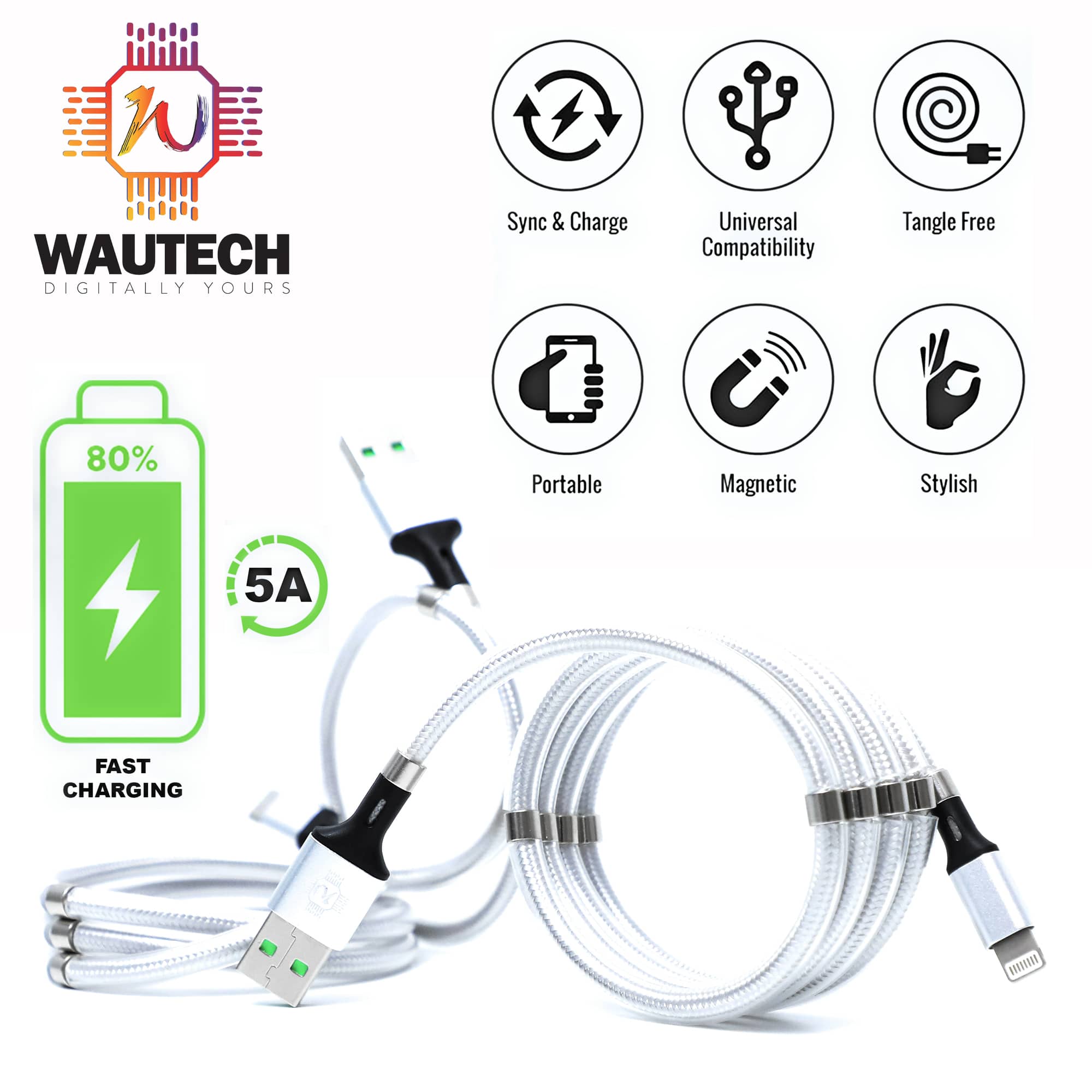 WAUTECH 5A Fast Charging Apple iPhone Lightning USB Cable | Winding Magnetic Coil Braided Cable 1m - Image 1
